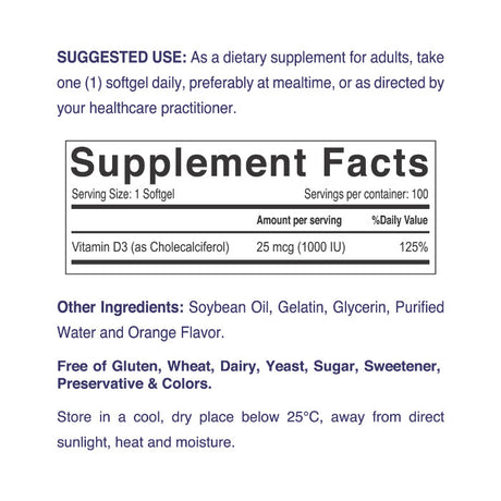 Nordic Sunshine Vitamin D3 1000 IU, Immune, Bone & Mood Support for Healthy Calcium Absorption – 100 Softgels