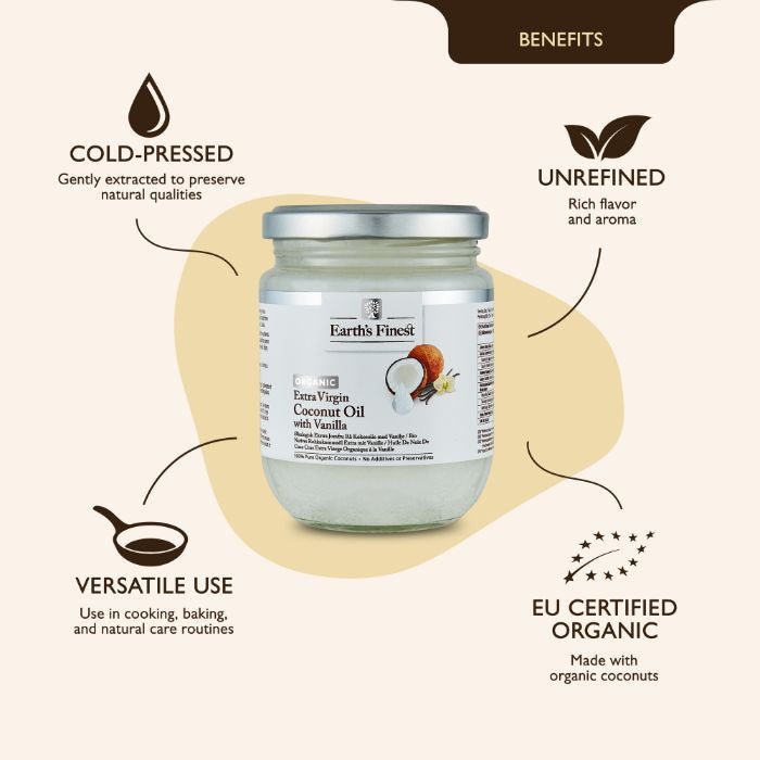 Earth’s Finest Organic Extra Virgin Coconut Oil with Vanilla, Cold Pressed, Raw, Vegan, Unrefined, Antioxidant-Rich, 200ml