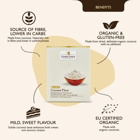 Earth’s Finest Organic Coconut Flour, Gluten-Free, Low-Carb, High-Fiber, Wheat Alternative for Healthy Baking, 500g