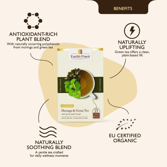Earth’s Finest Organic Moringa Green Tea, Antioxidant-Rich Superfood Blend for Immunity, Energy & Wellness - 25 Bags