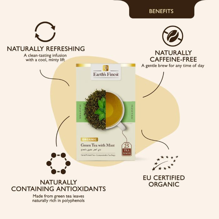 Earth’s Finest Organic Green Tea with Mint, Refreshing, Detoxifying & Antioxidant-Rich Herbal Blend, 25 Tea Bags