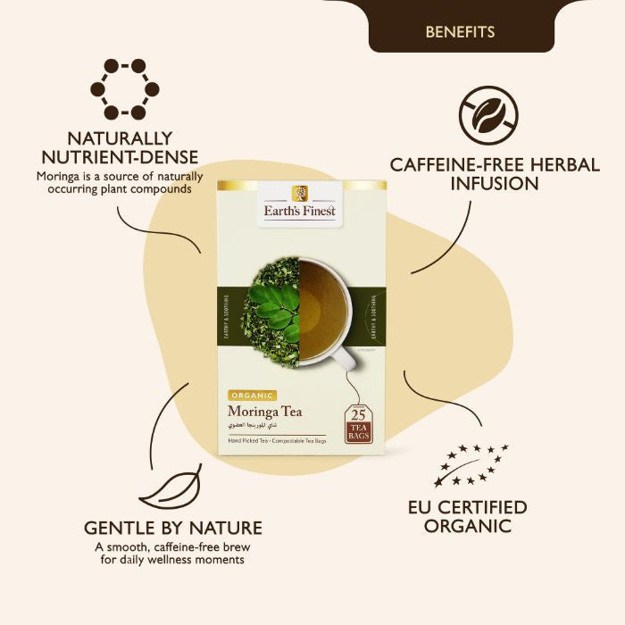 Earth’s Finest Organic Moringa, Antioxidant-Rich Herbal Superfood, Caffeine-Free, Ayurveda Wellness, 25 Tea Bags