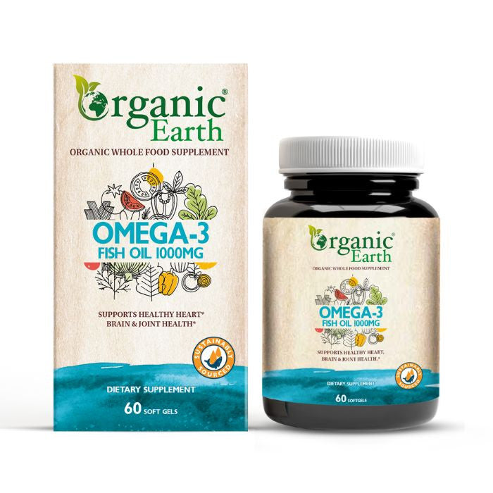 Organic Earth Omega-3 Fish Oil 1000mg, EPA & DHA for Heart, Brain and Joint Health - 60 Softgels