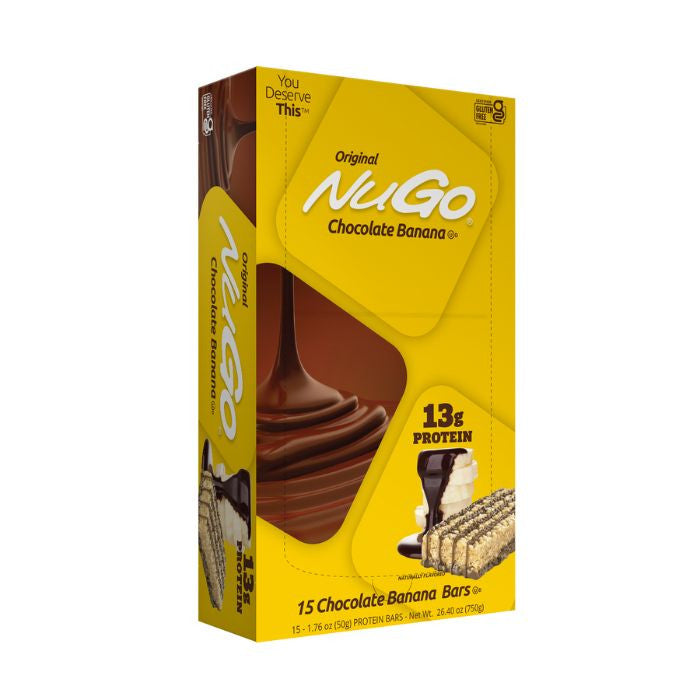 NuGo Original Banana Chocolate Protein Bar 50g, 13g Protein, Gluten Free, Real Milk Chocolate Snack, Pack of 15 pcs