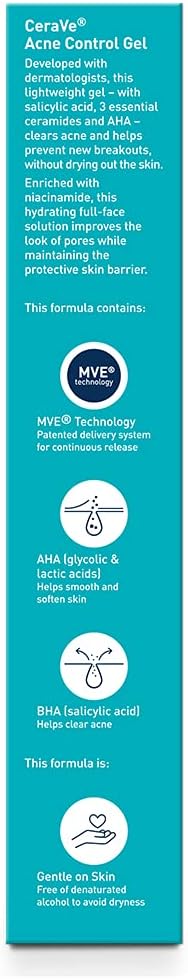 Cerave Salicylic Acid Acne Treatment With Glycolic Acid And Lactic Acid, AHA/BHA Acne Gel For Face To Control And Clear Breakouts 1.35 Ounce