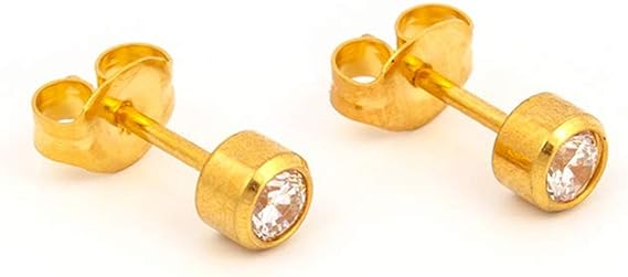 Tiny Tips Stud Earrings Gold Plated Bezel Hypoallergenic for Little Ears 3mm Cubic Zirconia