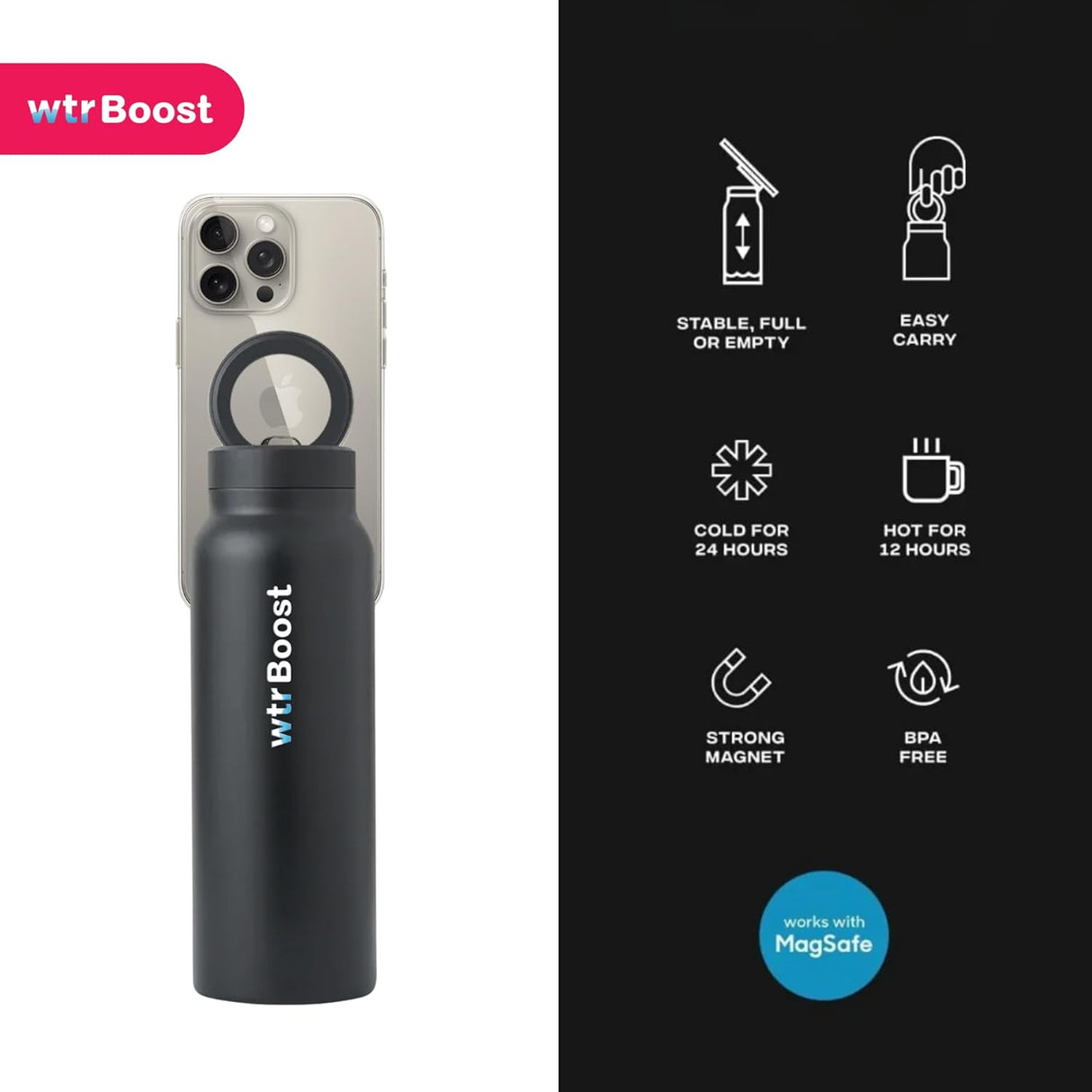 WTR Boost Black Insulated Stainless Steel Water Bottle with Mobile Holder,  Flask for Hot or Cold Beverages - 500ml