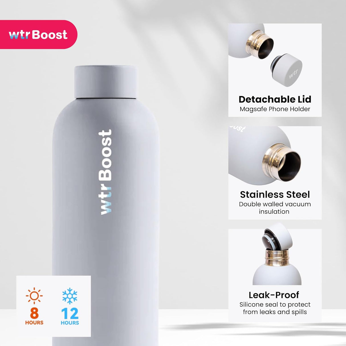 WTR Boost Crayon Gray Insulated Stainless Steel Water Bottle, Flask for Hot or Cold Beverages - 500ml