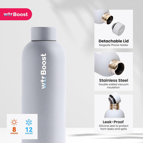 WTR Boost Crayon Gray Insulated Stainless Steel Water Bottle, Flask for Hot or Cold Beverages - 500ml