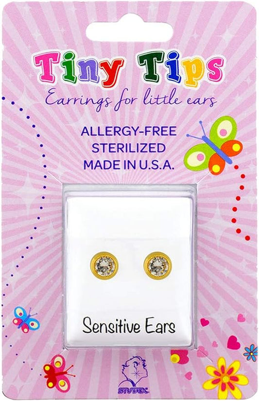 Tiny Tips Stud Earrings Gold Plated Bezel Hypoallergenic for Little Ears 3mm Cubic Zirconia