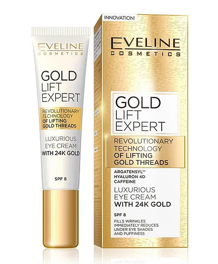 Eveline Cosmetics Gold Lift Expert Eye Cream With 24K Gold Spf 8, Anti-Aging Eye Treatment With Argatensyl And Hyaluron 4D 15ml