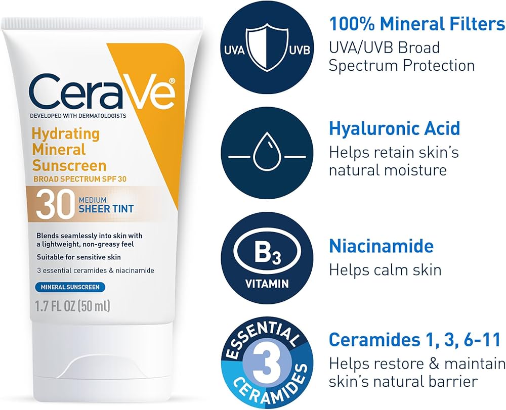 CeraVe Tinted Sunscreen with SPF 30 | Hydrating Mineral Sunscreen With Zinc Oxide & Titanium Dioxide