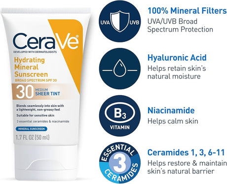 CeraVe Tinted Sunscreen with SPF 30 | Hydrating Mineral Sunscreen With Zinc Oxide & Titanium Dioxide