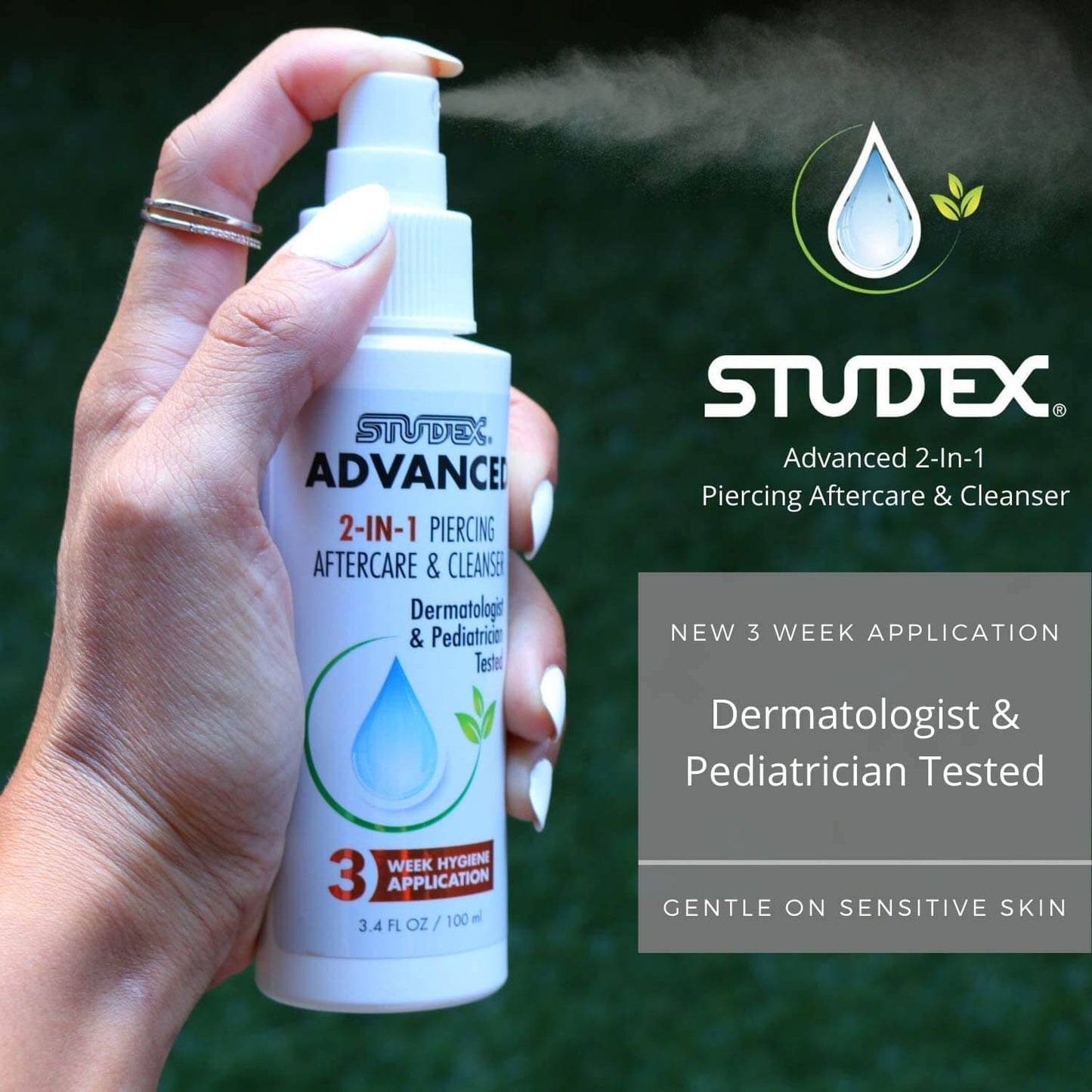 Studex Advanced Piercing Aftercare & Cleanser 3.4oz | Hypochlorous Acid Solution for Pierced Ears | Gentle Aftercare for Sensitive Skin | First Earring Cleaner | Essential Piercing Health