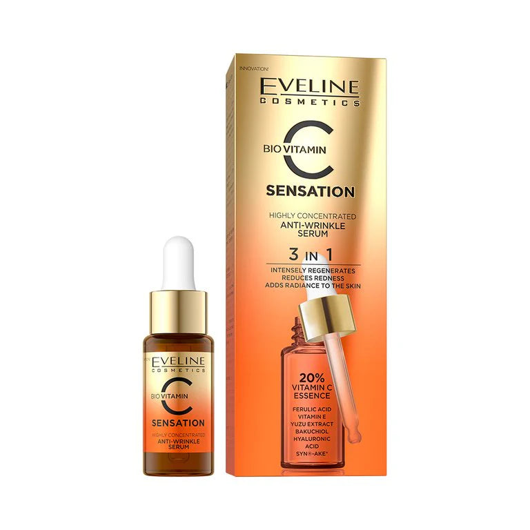 EVELINE COSMETICS Sensation C Face Serum Anti-Wrinkle- 3 In 1 (Intensely Regenerates-  Reduces Redness- Adds Radiance To The Skin) - Hydration And  Moisturization - Antioxidant Protection 18ml