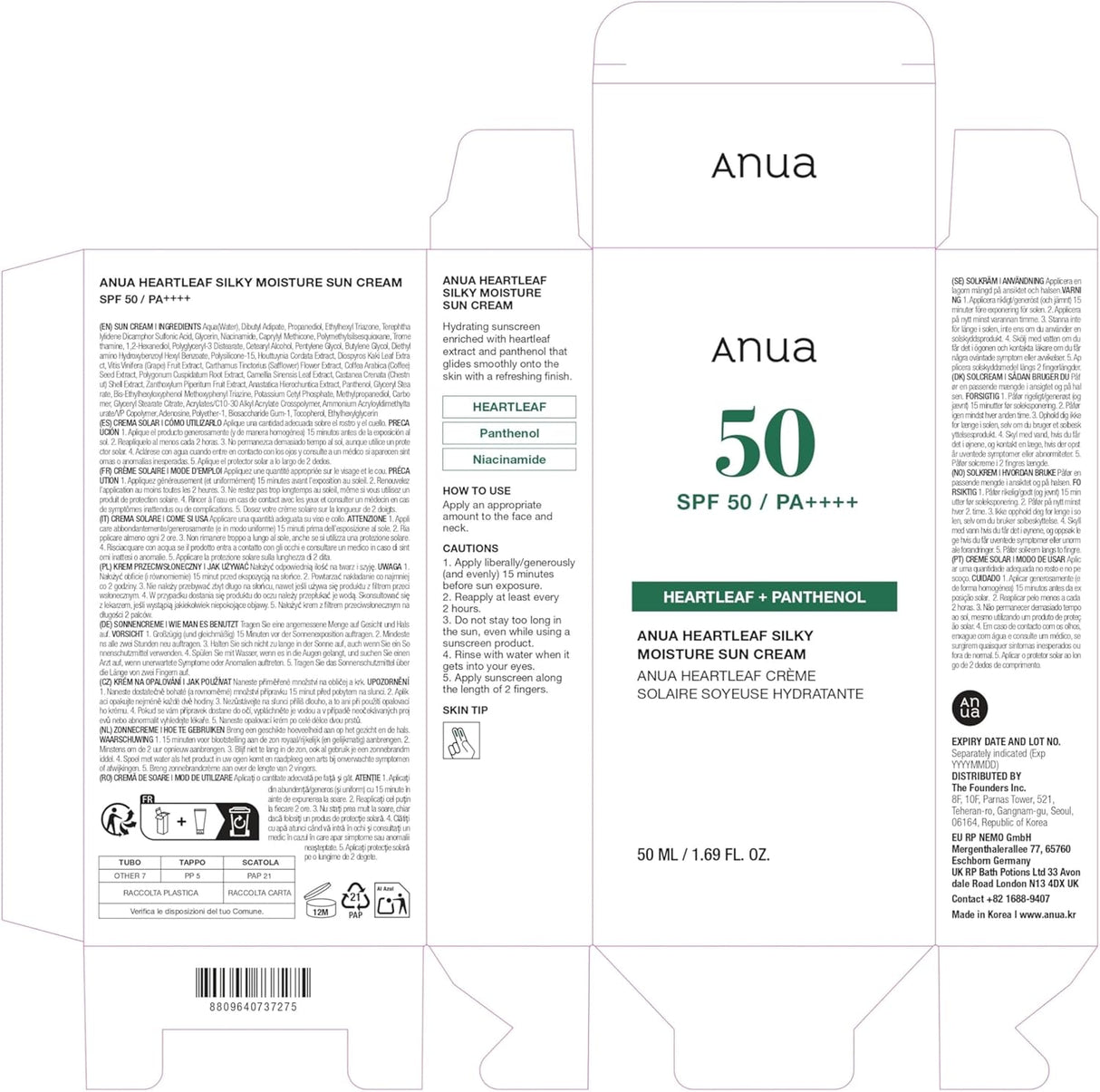 Anua Heartleaf Silky Moisture SP50+ PA++++ Sun Cream 50ml