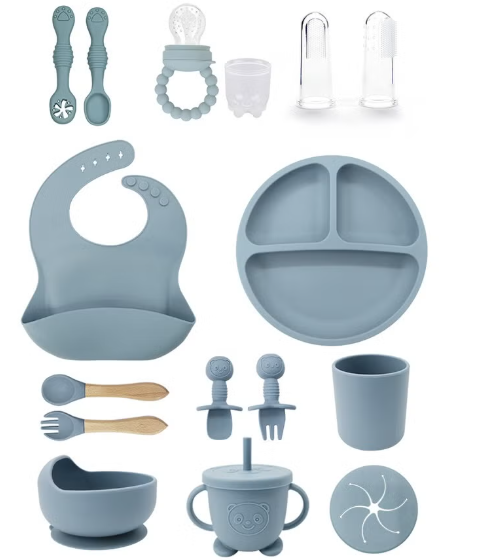 16-piece baby silicone tableware set - Blue
