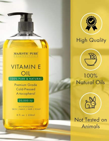 Vitamin E Oil - 236 ml| 100% Pure and Natural Cold Pressed Vitamin E oil for Skin, Scars, Face, Nails, Hair, Scalp | 20,000 IU | Non-GMO Verified | Hair & Body Oil | majestic pure