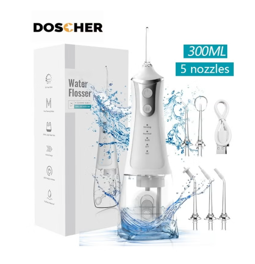 Portable Water Dental Flosser For Teeth Cleaning Dental Oral Irrigator With 4 Modes Scalable 5 Jet Nozzles IPX7 Water Resistance 300ML