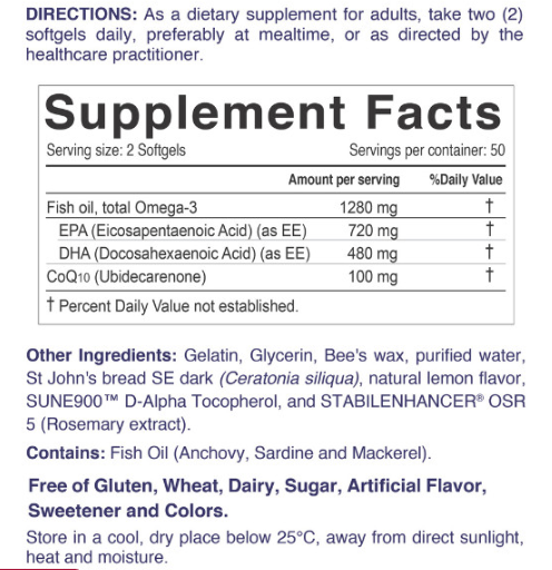 Nordic Sunshine Omega 1280mg + COQ10 100mg – High Potency Softgels for Heart, Brain & Energy Support – 100 Count