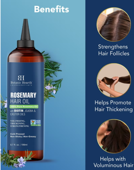 100% Pure Rosemary Oil | 198 ml | For Hair Growth Infused With Biotin | Hair Strenghtening Treatment | Nourishing & Volumizing | With Jojoba Oil & Castor Oil | Non GMO Verified |