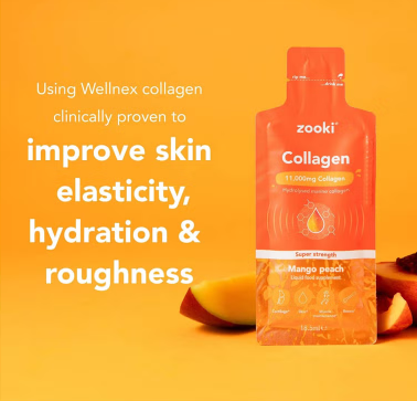 Zooki Super Strength Marine Collagen 11000mg Mango Peach Flavor Liquid Sachets 18.5ml, Pack of 14's