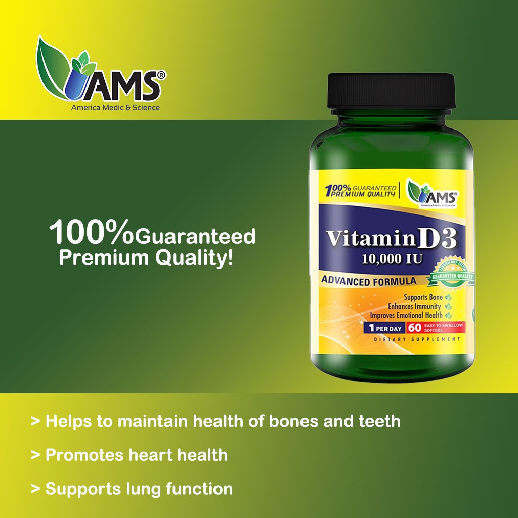 AMS Vitamin D3 10000IU Softgels For Healthy Bones & Immunity Boost, Pack of 60's