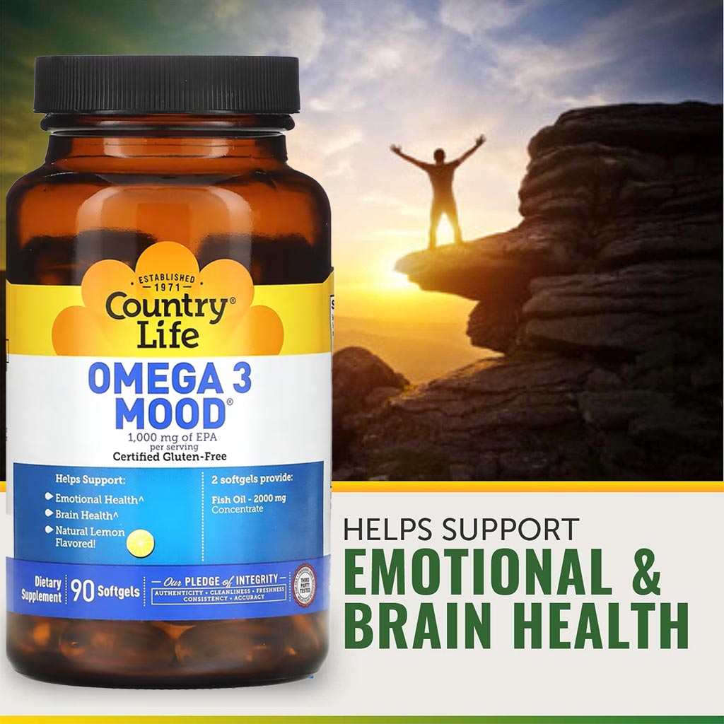 Country Life Omega 3 Mood 2000 mg كبسولات هلامية لصحة الدماغ والعاطفة، عبوة تحتوي على 90 كبسولة