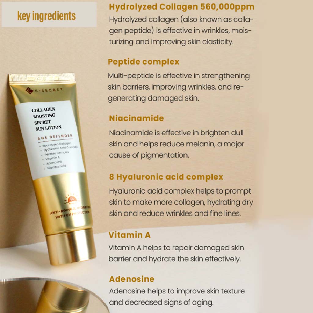 لوشن الشمس K-Secret Collagen Boosting Secret Age Defender مع عامل حماية من الشمس SPF 50+ وPA++++ 60 مل