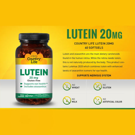 Country Life Lutein 20 mg & Zeaxanthin Softgel لصحة العين، عبوة تحتوي على 60 كبسولة