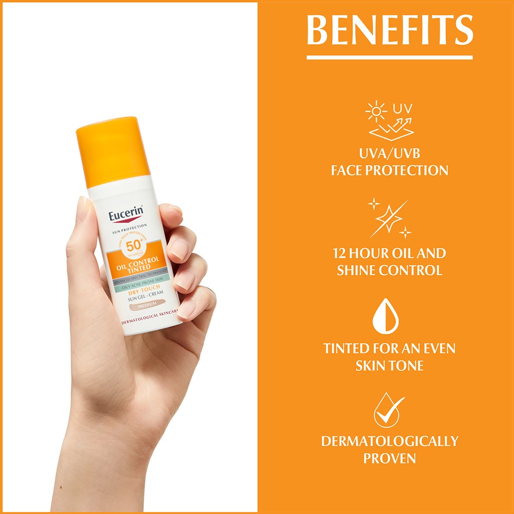 Eucerin Sun Oil Control SPF50+ كريم جل واقي من الشمس متوسط ​​اللون ذو ملمس جاف وتأثير مضاد للجيب 50 مل