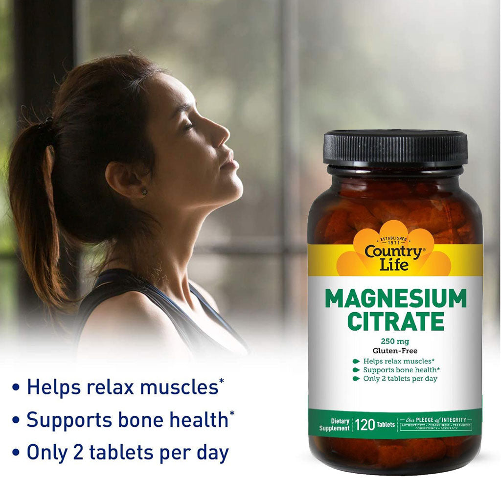 Country Life Gluten-Free Magnesium Citrate 250 mg Tablets For Bone & Muscle Health, Pack of 120's