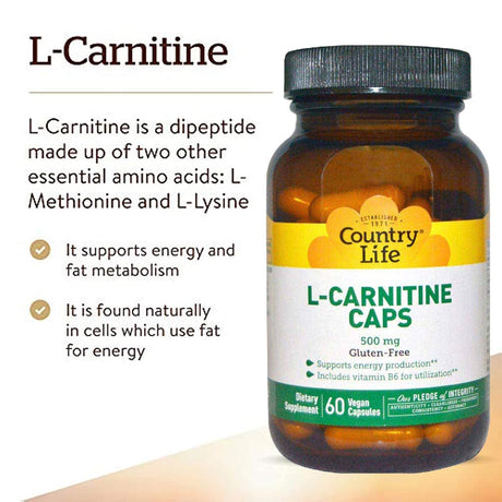 Country Life L-Carnitine 500 mg كبسولة نباتية لدعم الطاقة، حزمة من 60 كبسولة