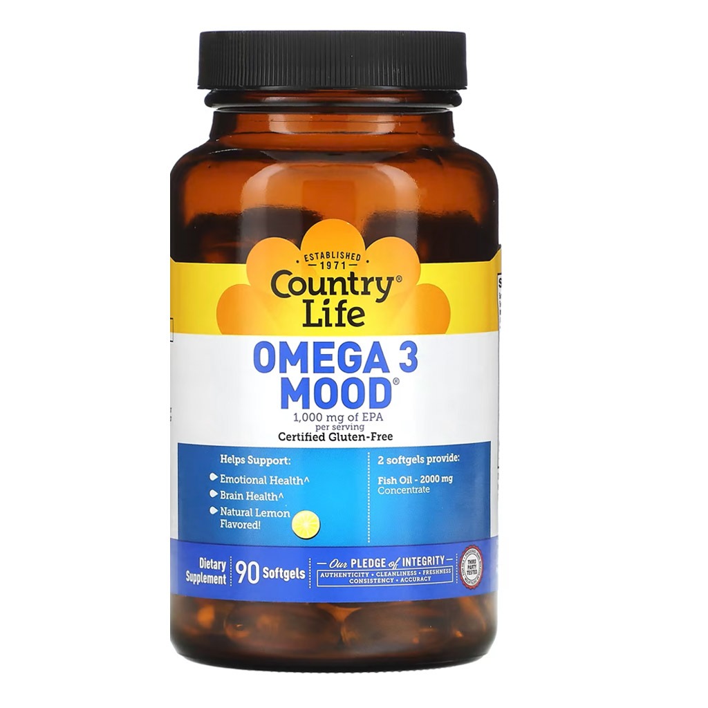 Country Life Omega 3 Mood 2000 mg كبسولات هلامية لصحة الدماغ والعاطفة، عبوة تحتوي على 90 كبسولة