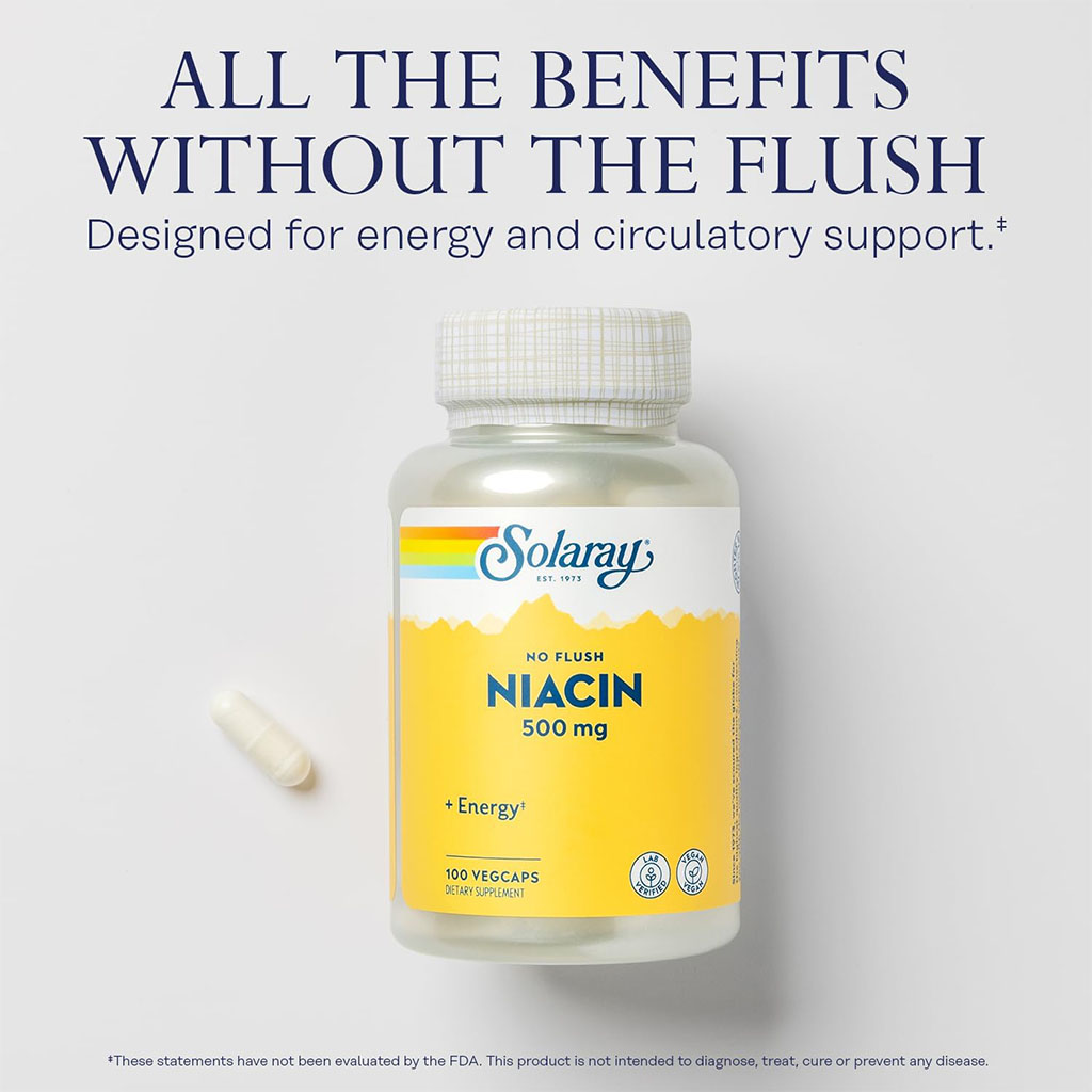 Solaray Niacin No Flush 500mg Veg Capsules For Energy Support, Pack of 100's