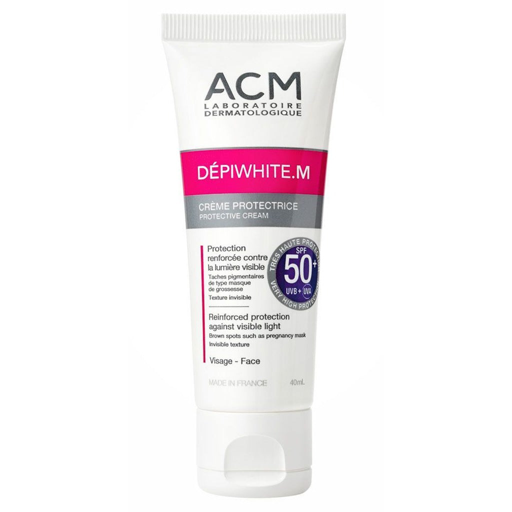 ACM Depiwhite M SPF50+ كريم واقي من الشمس للوجه مع حماية من الأشعة فوق البنفسجية فئة A + UVB + الضوء الأزرق 40 مل