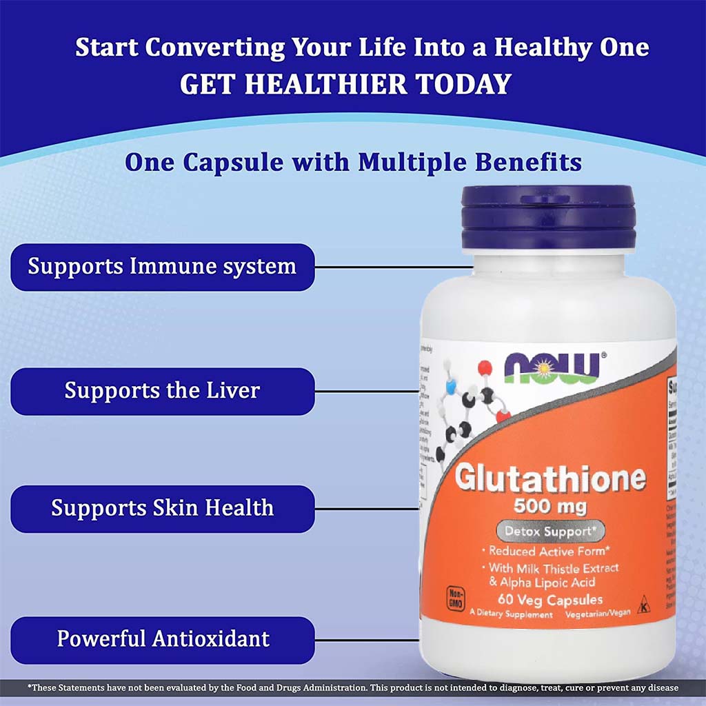 Now Glutathione 500mg Capsules With Milk Thistle Extract & Alpha Lipoic Acid For Antioxidant Support, Pack of 60's