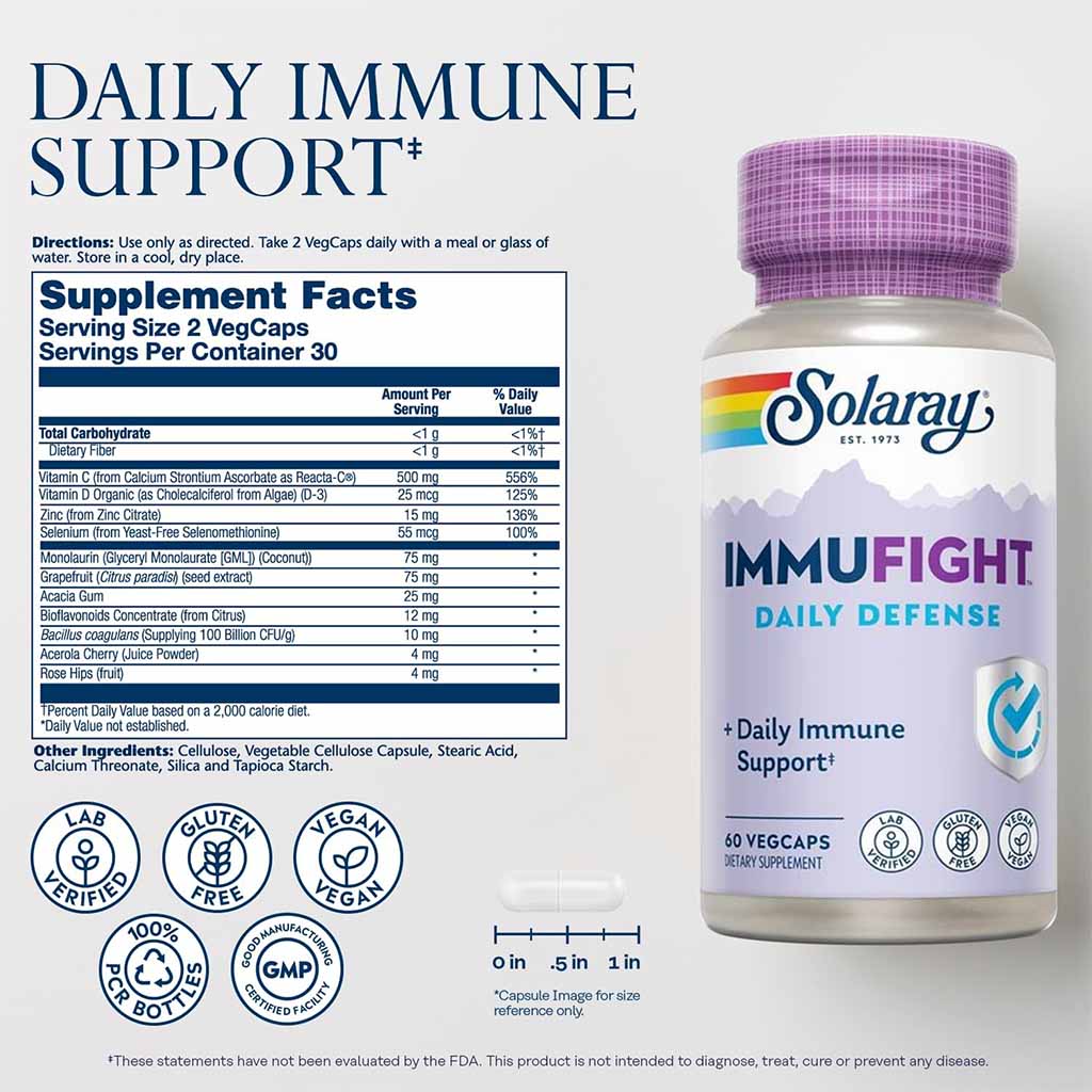 Solaray كبسولات نباتية Immufight Daily Defense لدعم المناعة، عبوة مكونة من 60 كبسولة