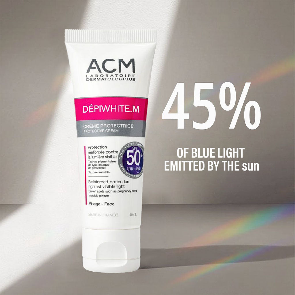 ACM Depiwhite M SPF50+ كريم واقي من الشمس للوجه مع حماية من الأشعة فوق البنفسجية فئة A + UVB + الضوء الأزرق 40 مل