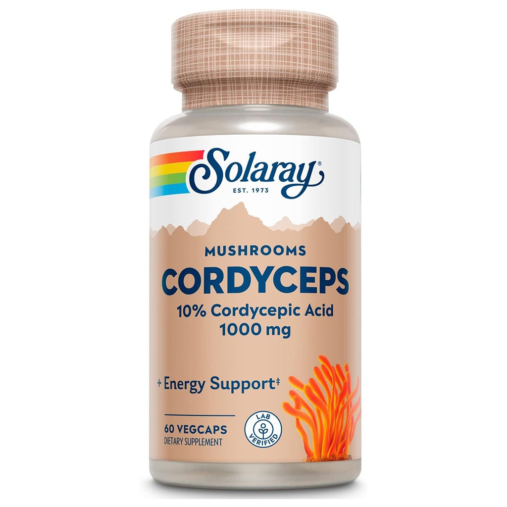 Solaray فطر كورديسيبس 10% حمض الكورديسيبيك 1000 مجم كبسولات نباتية لدعم الطاقة، عبوة من 60 كبسولة