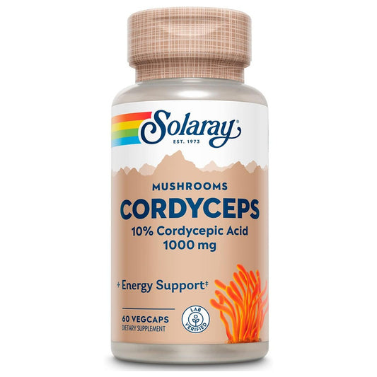 Solaray فطر كورديسيبس 10% حمض الكورديسيبيك 1000 مجم كبسولات نباتية لدعم الطاقة، عبوة من 60 كبسولة