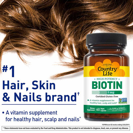 Country Life High Potency Biotin 5 mg Gluten-Free Vegan Capsules For Hair, Scalp & Nails, Pack of 60's