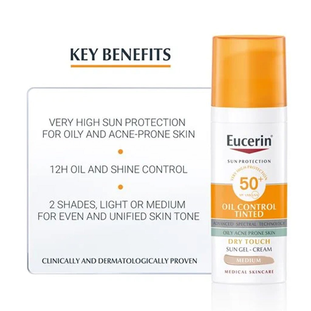 Eucerin Sun Oil Control SPF50+ كريم جل واقي من الشمس متوسط ​​اللون ذو ملمس جاف وتأثير مضاد للجيب 50 مل