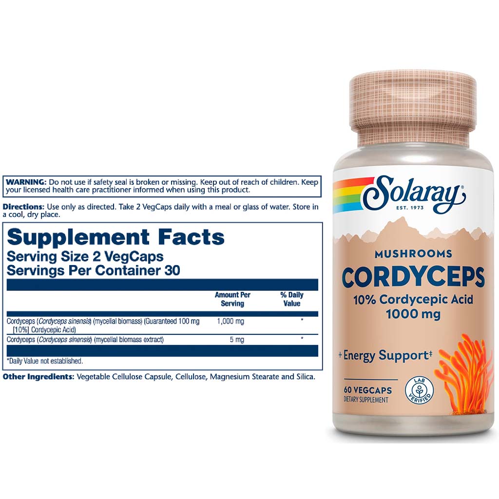 Solaray Mushrooms Cordyceps 10% Cordysepic Acid 1000mg Veg Capsules For Energy Support, Pack of 60's