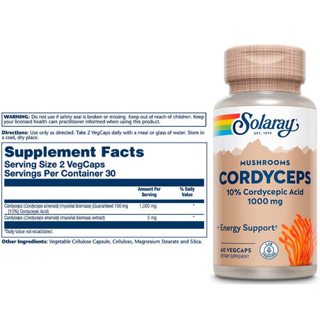 Solaray Mushrooms Cordyceps 10% Cordysepic Acid 1000mg Veg Capsules For Energy Support, Pack of 60's