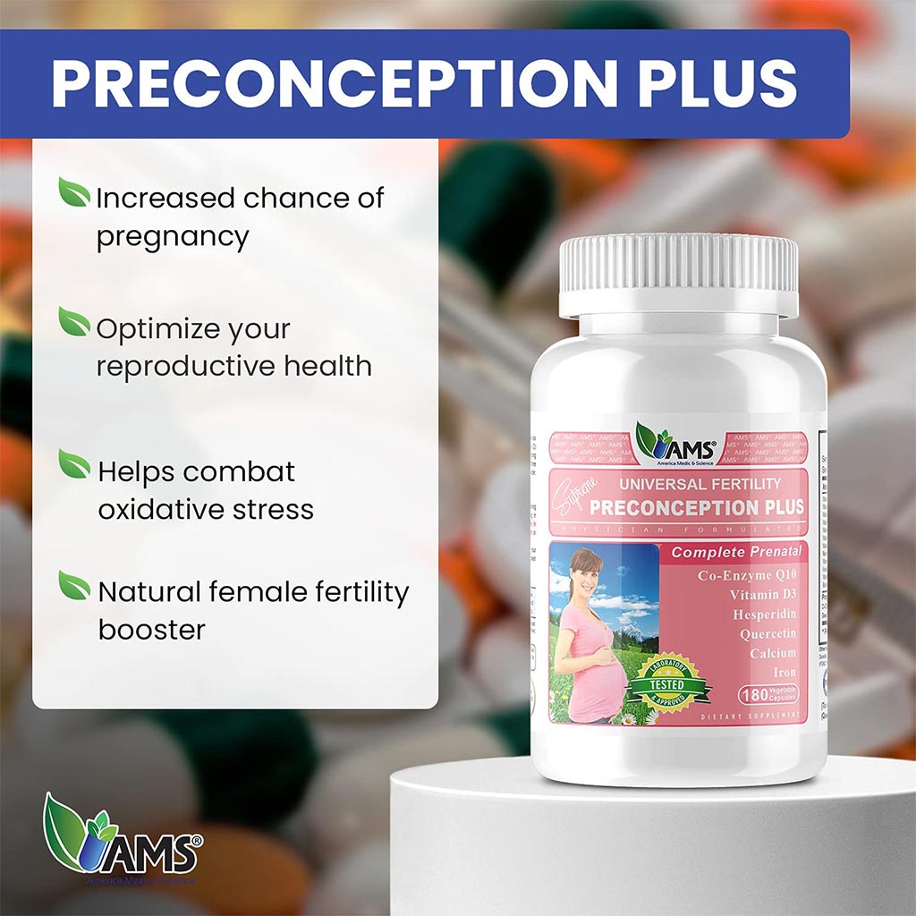 كبسولات نباتية AMS Preconception Plus، دعم ما قبل الولادة، مكمل للحمل والخصوبة، عبوة من 180 كبسولة