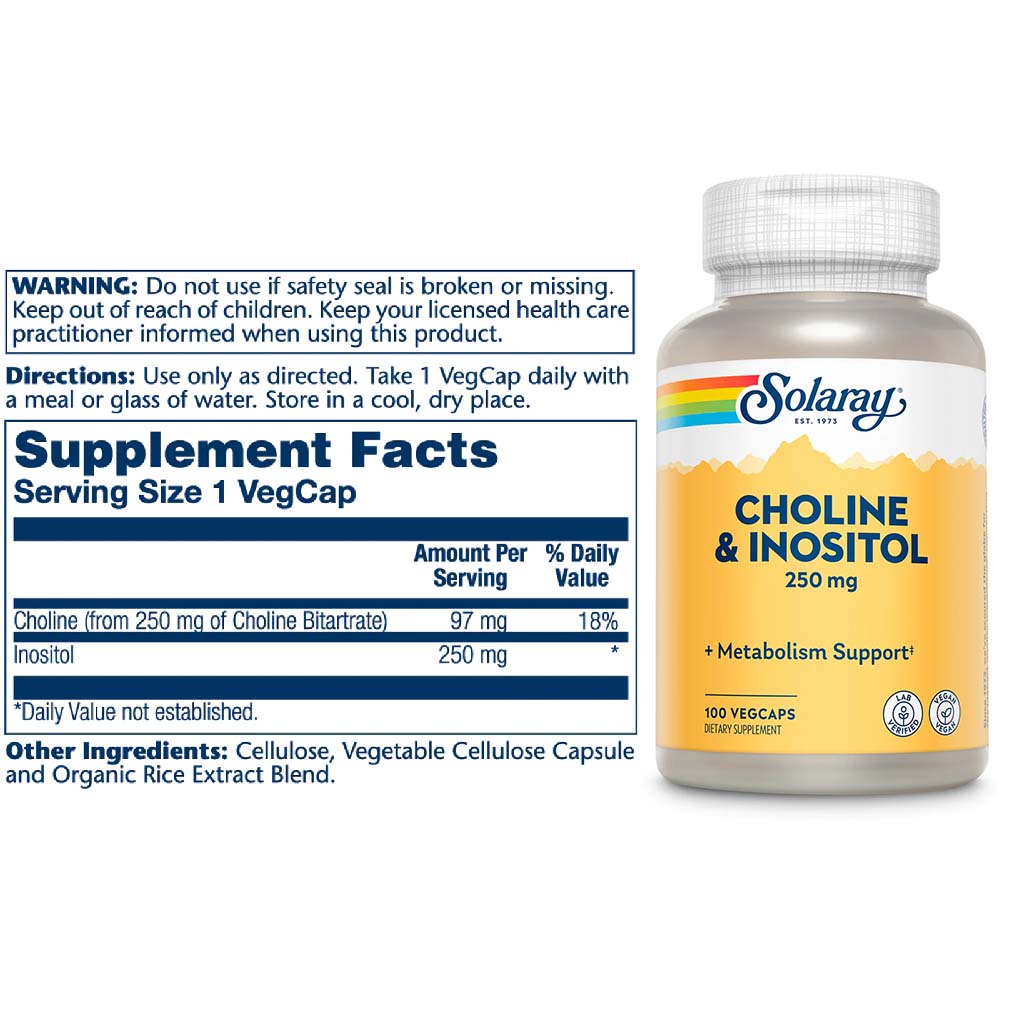 Solaray Choline & Inositol 250 مجم كبسولات نباتية لدعم عملية التمثيل الغذائي، عبوة من 100 كبسولة