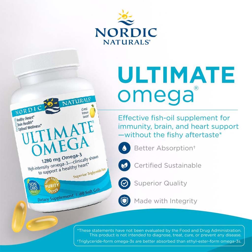 كبسولات هلامية مكملة لزيت السمك من Nordic Naturals Ultimate Omega 3 1280 مجم لكل جرعة، عبوة مكونة من 60 كبسولة