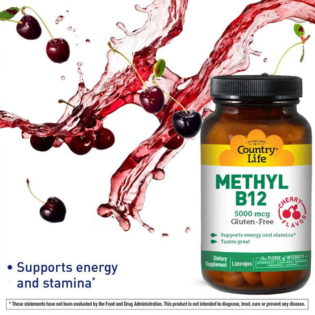 Country Life Methyl B12 5000 mcg أقراص استحلاب بنكهة الكرز لدعم الطاقة، عبوة مكونة من 60 قرصًا