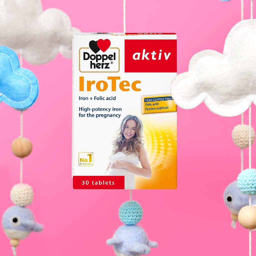 أقراص Doppelherz aktiv IroTec Iron + حمض الفوليك لدعم الحمل، عبوة من 30 قرصًا